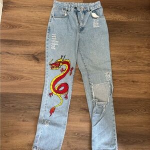 The Ragged Priest Blue and Red Straight Leg Jeans with Dragon Design